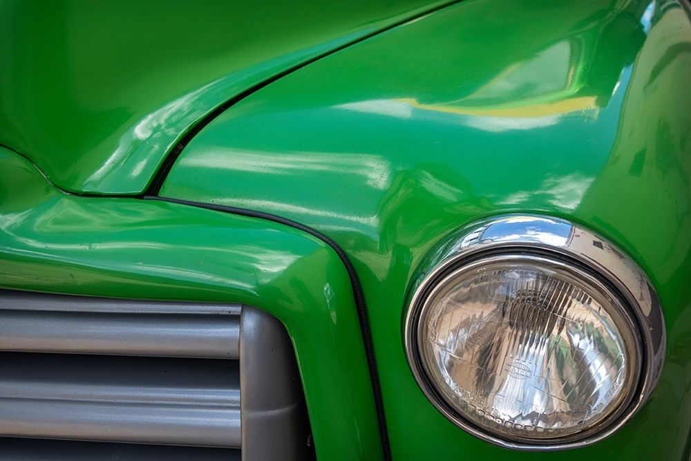 Detail of green classic American GMC truck in Trinidad-Cuba